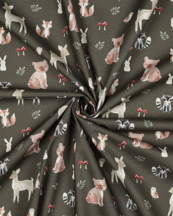 Popeline de Coton Kaki Motif Aminaux de la Forêt - Mercerine