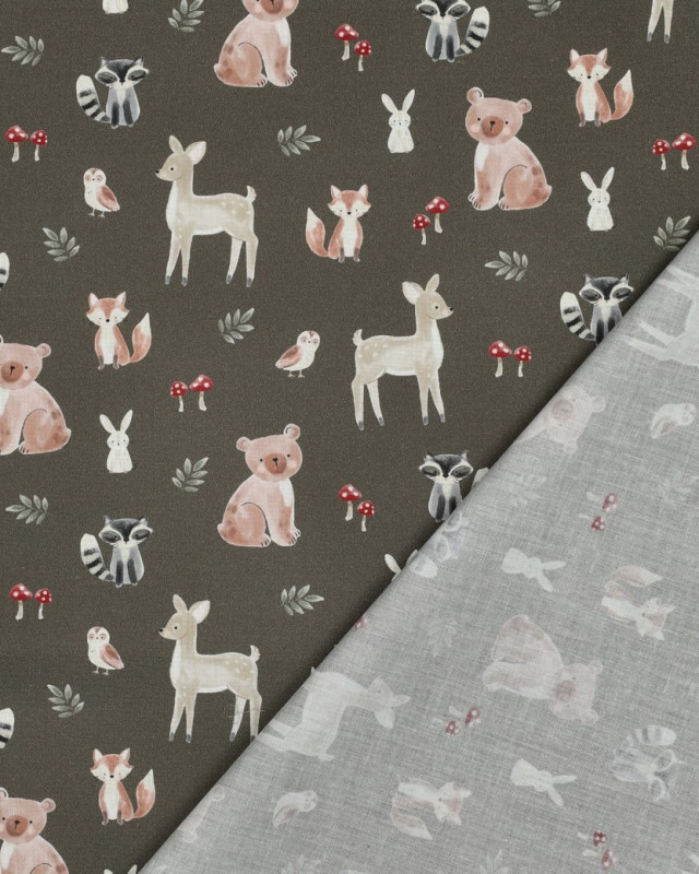 Popeline de Coton Kaki Motif Aminaux de la Forêt - Mercerine