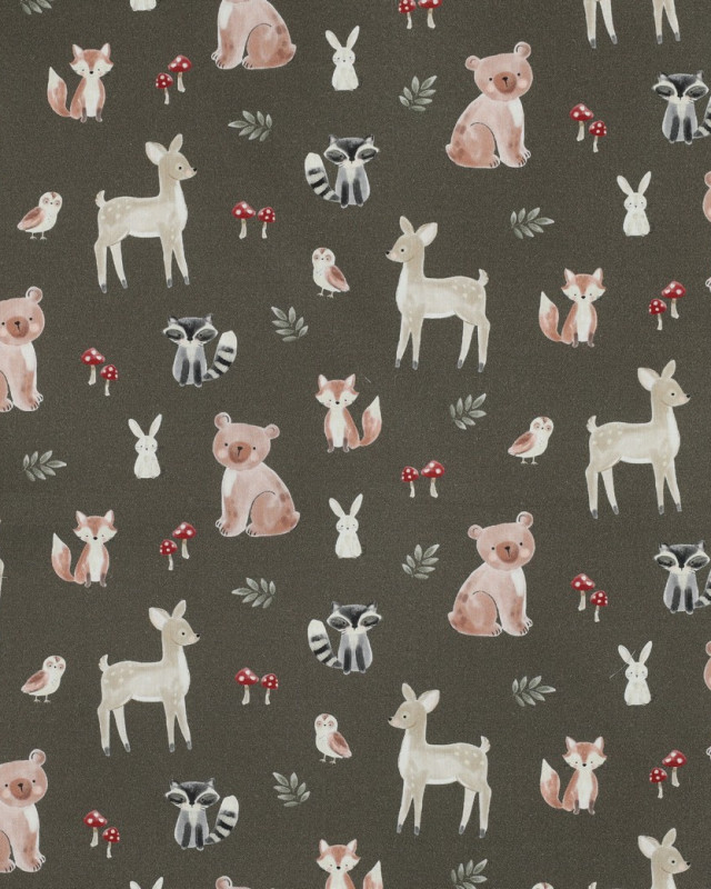 Popeline de Coton Kaki Motif Aminaux de la Forêt - Mercerine