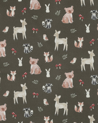 Popeline de Coton Kaki Motif Aminaux de la Forêt - Mercerine