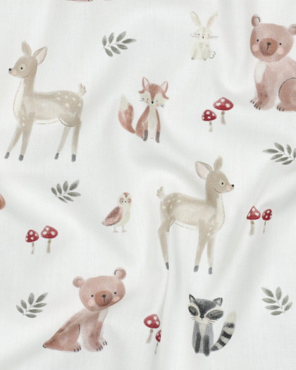 Popeline de Coton Ecru Motif Animaux de la Forêt - Mercerine