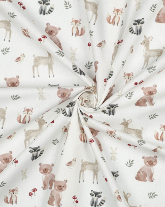 Popeline de Coton Ecru Motif Aminaux de la Forêt - Mercerine