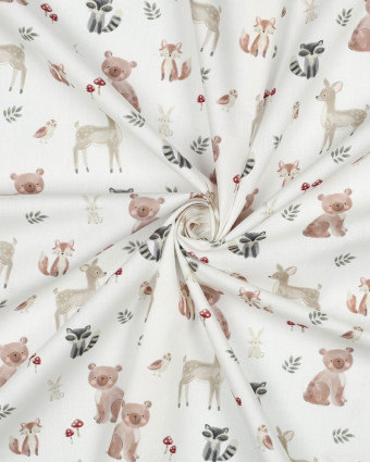 Popeline de Coton Ecru Motif Aminaux de la Forêt - Mercerine
