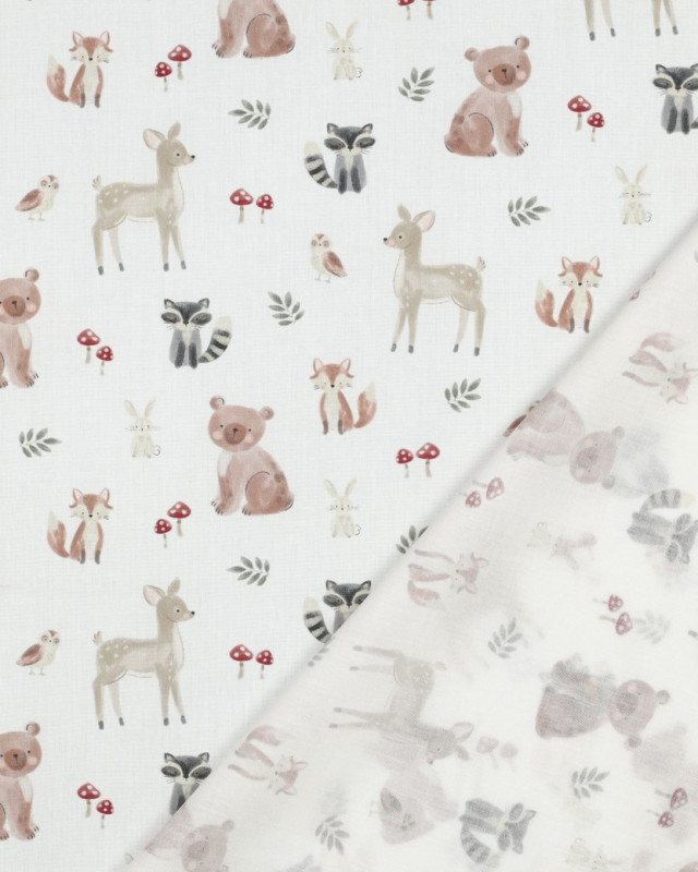 Popeline de Coton Ecru Motif Aminaux de la Forêt - Mercerine