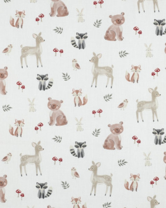 Popeline de Coton Ecru Motif Aminaux de la Forêt - Mercerine