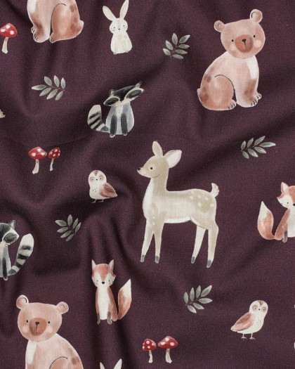 Popeline de Coton Prune Motif Animaux de la Forêt - Mercerine