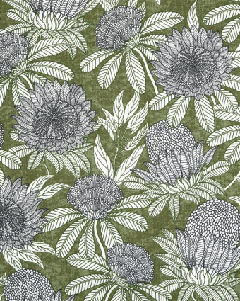 Toile Ardèche Fleurs Exotique Fond Olive - Mercerine