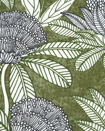 Toile Ardèche Enduite Fleurs Exotique Fond Olive - Mercerine