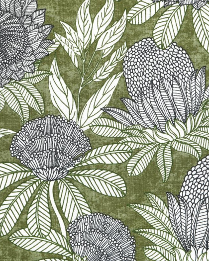 Toile Ardèche Enduite Fleurs Exotique Fond Olive - Mercerine