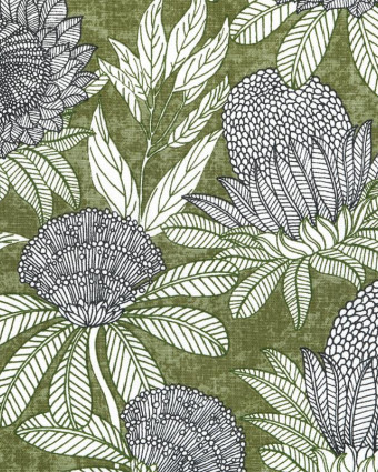 Toile Ardèche Enduite Fleurs Exotique Fond Olive - Mercerine