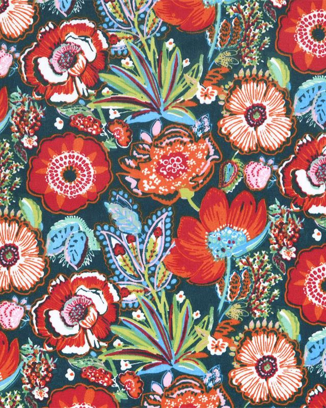 Toile Corrèze Fleurs Rouges et Bleues - Mercerine