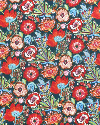 Toile Corrèze Fleurs Rouges et Bleues - Mercerine