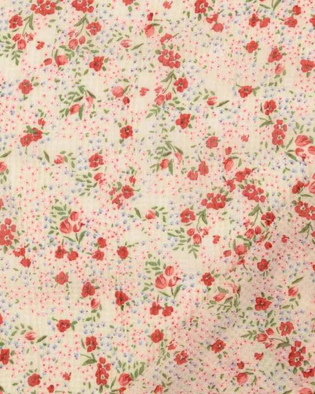 Voile Gaufré Petites Fleurs Rouges Fond Ecru - Mercerine