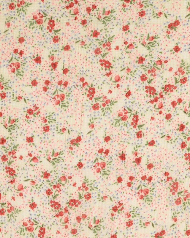Voile Gaufré Petites Fleurs Rouges Fond Ecru - Mercerine