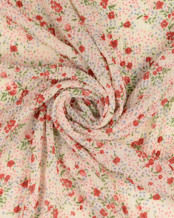 Voile Gaufré Petites Fleurs Rouges Fond Ecru - Mercerine