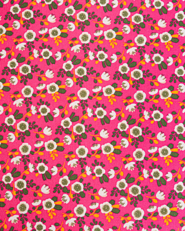 Tissu Coton Motif Fleurs Blanches Fond Fuschia - Mercerine
