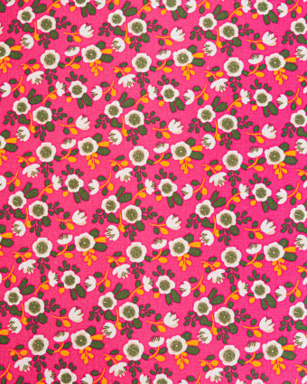 Tissu Coton Motif Fleurs Blanches Fond Fuschia - Mercerine