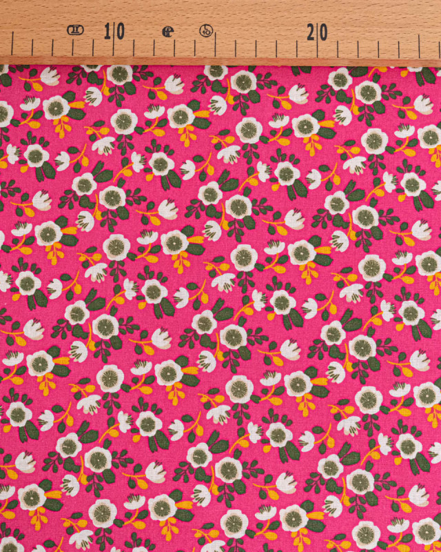 Tissu Coton Motif Fleurs Blanches Fond Fuschia - Mercerine