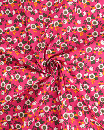 Tissu Coton Motif Fleurs Blanches Fond Fuschia - Mercerine