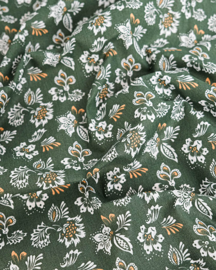 Tissu Coton Motif Fleurs Blanches Fond Olive - Mercerine