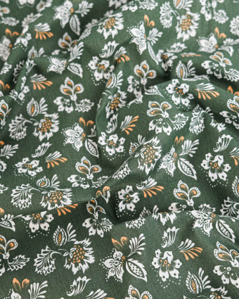Tissu Coton Motif Fleurs Blanches Fond Olive - Mercerine