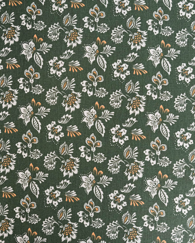 Tissu Coton Motif Fleurs Blanches Fond Olive - Mercerine
