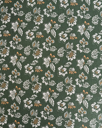 Tissu Coton Motif Fleurs Blanches Fond Olive - Mercerine