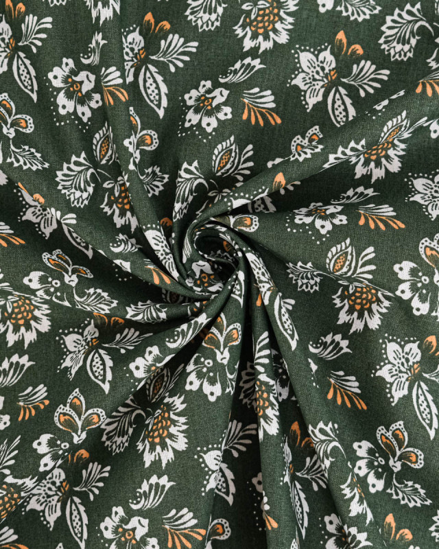 Tissu Coton Motif Fleurs Blanches Fond Olive - Mercerine