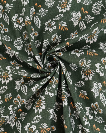 Tissu Coton Motif Fleurs Blanches Fond Olive - Mercerine