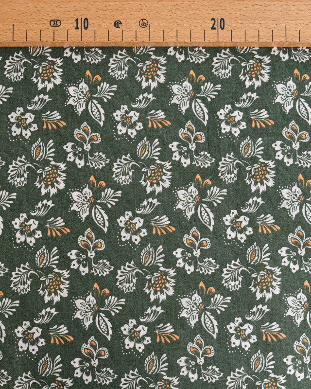 Tissu Coton Motif Fleurs Blanches Fond Olive - Mercerine