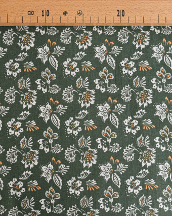 Tissu Coton Motif Fleurs Blanches Fond Olive - Mercerine