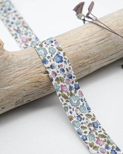 Biais Fleuri - Bleu et Vieux Rose - 20mm - Mercerine