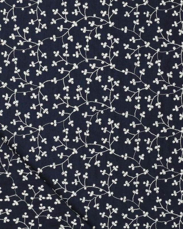 Tissu brodé bleu Fleurs infinies oekotex - Mercerine