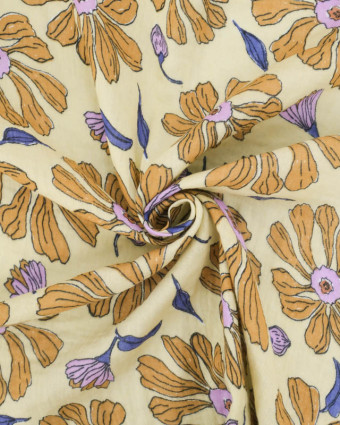 Tissu Double Gaze Jaune Pâle Motif Floral Parme et Noisette - Mercerine