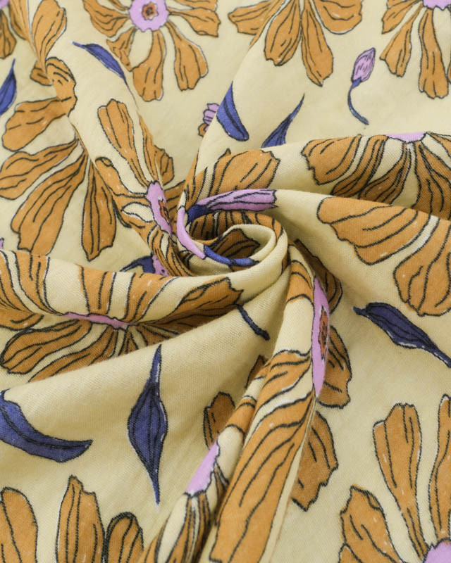 Tissu Double Gaze Jaune Pâle Motif Floral Parme et Noisette - Mercerine