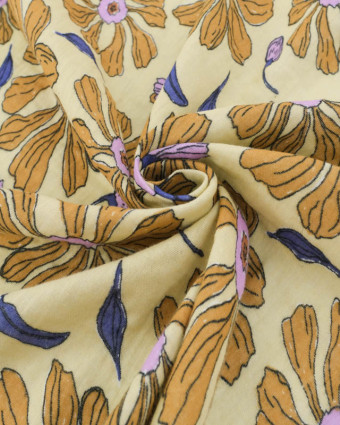 Tissu Double Gaze Jaune Pâle Motif Floral Parme et Noisette - Mercerine