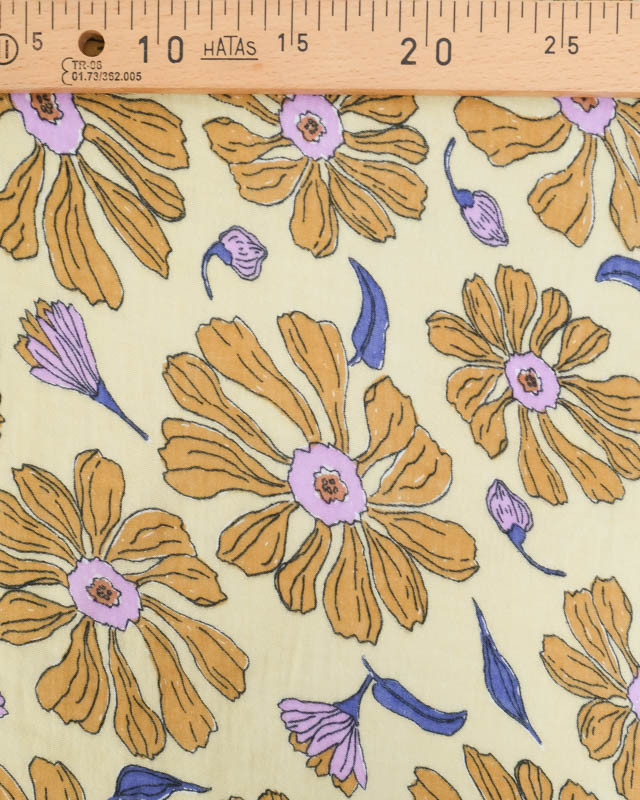 Tissu Double Gaze Jaune Pâle Motif Floral Parme et Noisette - Mercerine