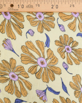 Tissu Double Gaze Jaune Pâle Motif Floral Parme et Noisette - Mercerine
