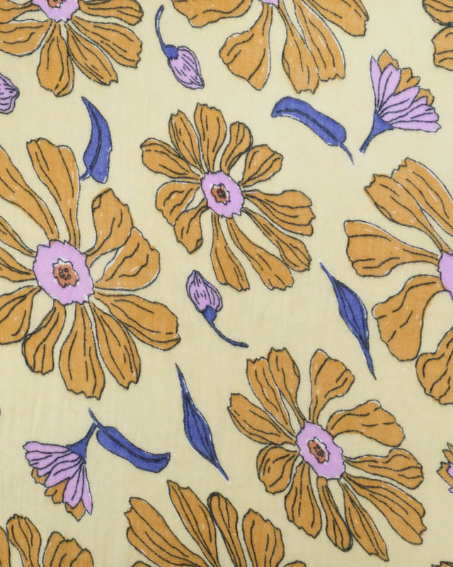 Tissu Double Gaze Jaune Pâle Motif Floral Parme et Noisette - Mercerine
