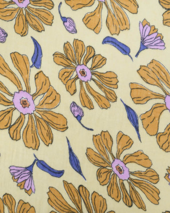 Tissu Double Gaze Jaune Pâle Motif Floral Parme et Noisette - Mercerine