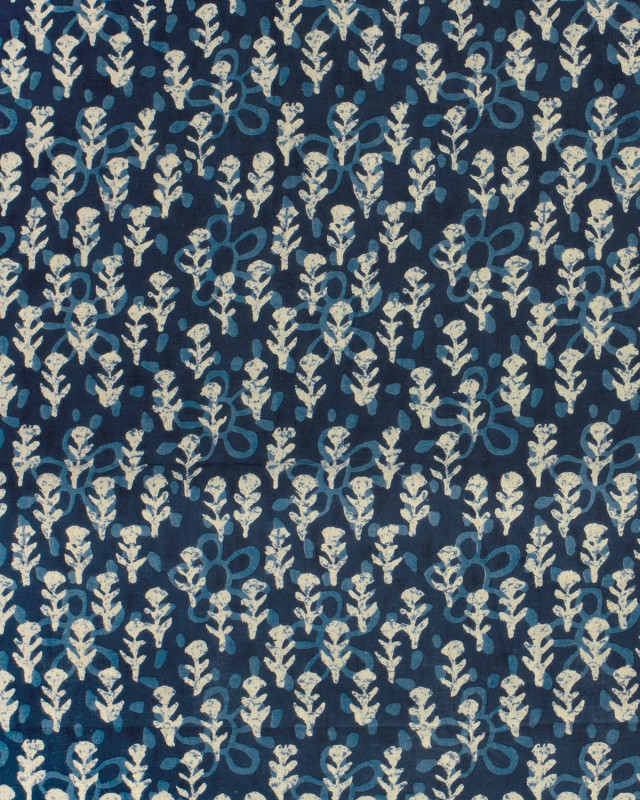 Tissu Indien : Voile de Coton  Bleu Foncé Motif Fleuri Beige et Bleu - Mercerine