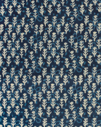 Tissu Indien : Voile de Coton  Bleu Foncé Motif Fleuri Beige et Bleu - Mercerine