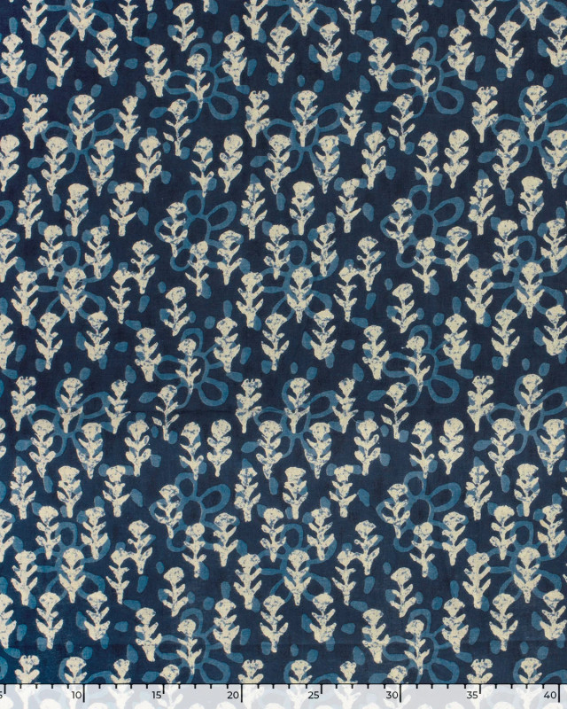 Tissu Indien : Voile de Coton  Bleu Foncé Motif Fleuri Beige et Bleu - Mercerine