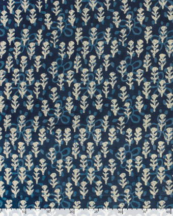 Tissu Indien : Voile de Coton  Bleu Foncé Motif Fleuri Beige et Bleu - Mercerine