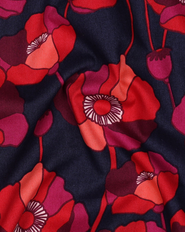 Tissu Coton Viscose Grandes Fleurs Framboise Fond Bleu Marine - Mercerine