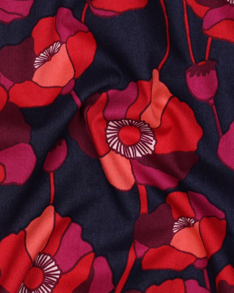 Tissu Coton Viscose Grandes Fleurs Framboise Fond Bleu Marine - Mercerine