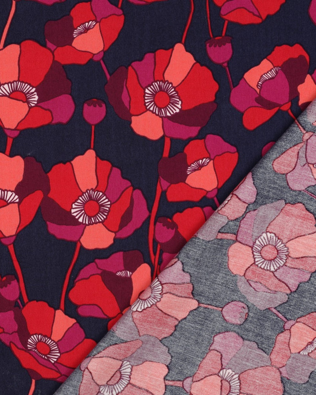 Tissu Coton Viscose Grandes Fleurs Framboise Fond Bleu Marine - Mercerine