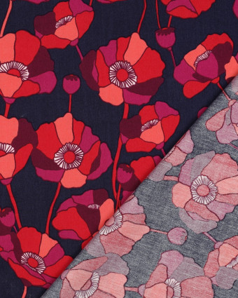 Tissu Coton Viscose Grandes Fleurs Framboise Fond Bleu Marine - Mercerine