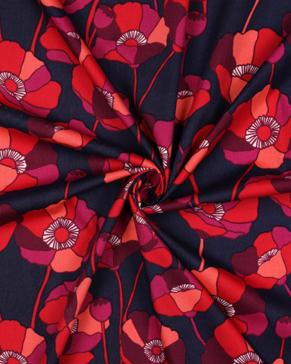 Tissu Coton Viscose Grandes Fleurs Framboise Fond Bleu Marine - Mercerine