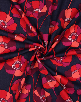 Tissu Coton Viscose Grandes Fleurs Framboise Fond Bleu Marine - Mercerine